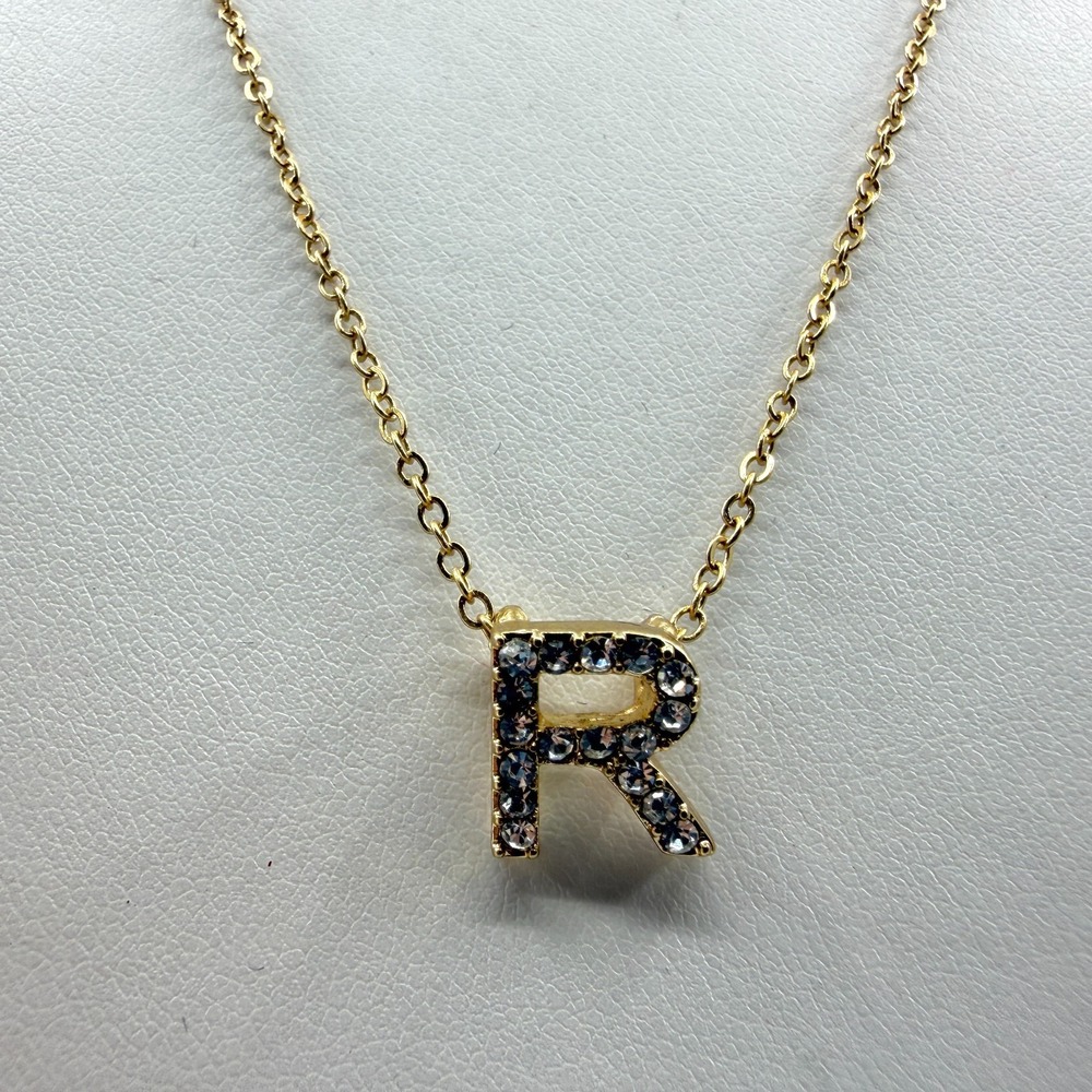 Gold Tone Letter R Initial Pendant Necklace Sparkly Crystal Charm Gift Idea